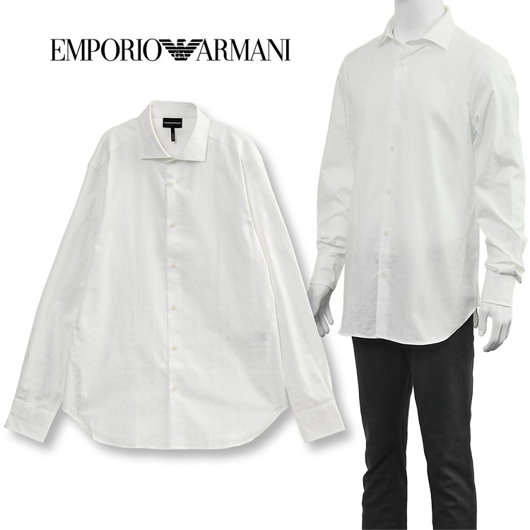 アルマーニ EMPORIO ARMANI 総柄 シャツ ポプリン製 エンボスEAロゴ 3D1C86-1NIUZ-F146 オフホワイト