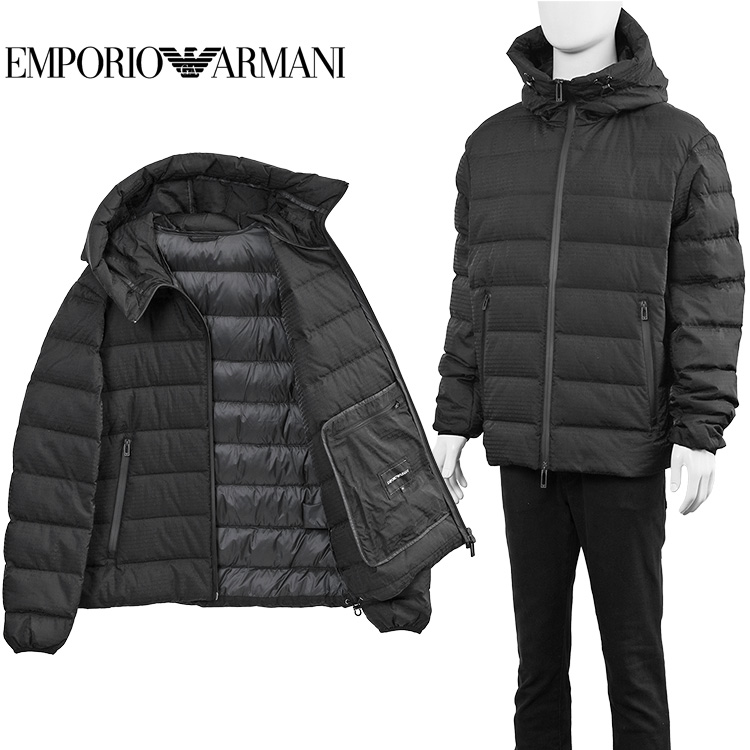 t*o様 EMPORIO ARMANI ブラック ダウンジャケット EMPORIO ARMANI アルマーニ メンズ 総柄 ダウン フード付き ナイロン