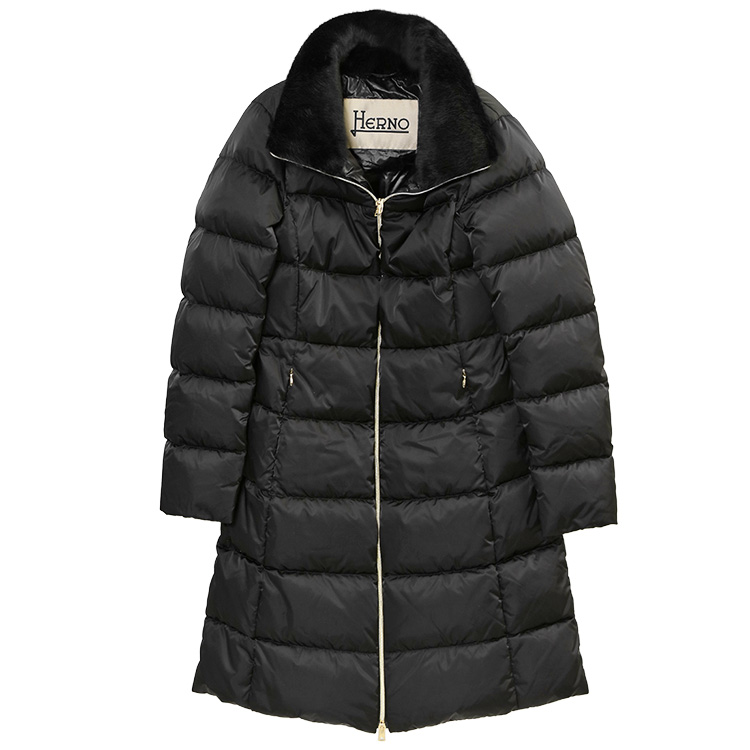 【美品】HERNO ファー付　40 ロングダウンコート　 黒　ヘルノ　金ジップ HERNO（ヘルノ） ダウン レディース フェイクファー ダウンコート