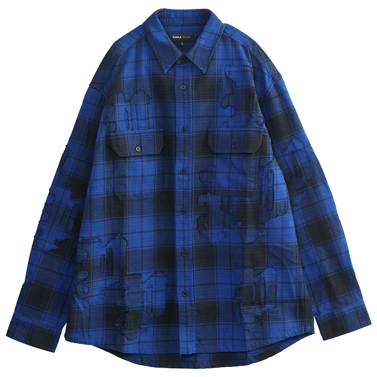 パープル ブランド PURPLE BRAND ネルシャツ オールオーバーパターン セルフ アップリケ Gothic P Flannel Shirt P331-PFMB125-Black and Blueの画像