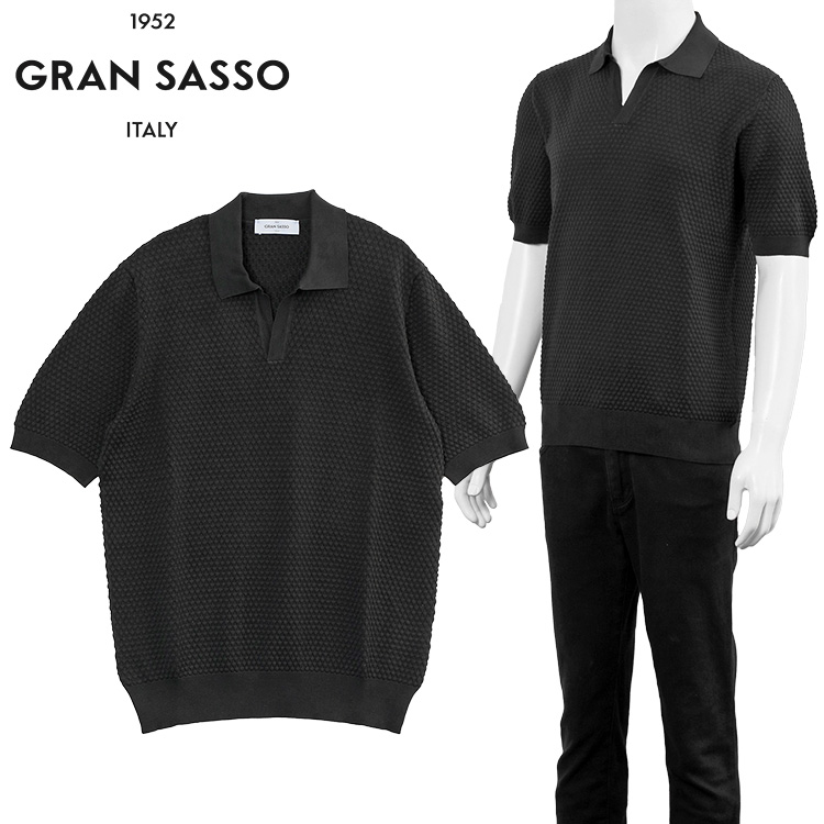 ★麻100％★ GRAN SASSO ポロシャツ 半袖 イタリア製 黒 L相当 Gran Sasso（グランサッソ） ポップコーンステッチ スキッパー