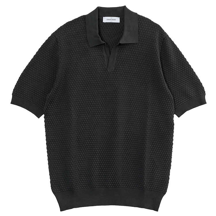 Gran Sasso スキッパー ニットポロ 46 黒 新品 Gran Sasso（グランサッソ） ポップコーンステッチ スキッパー