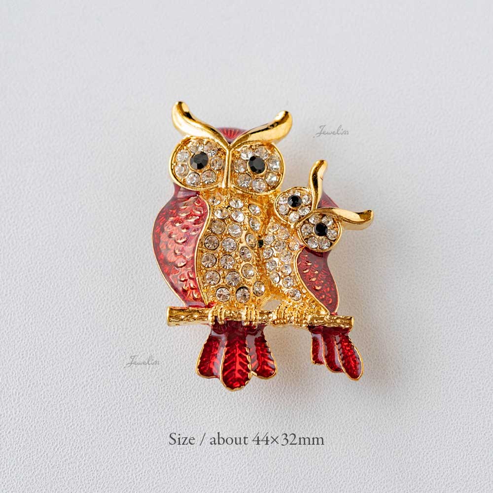 Jeweliss アガットレッド フクロウの親子 クリスタル ブローチ