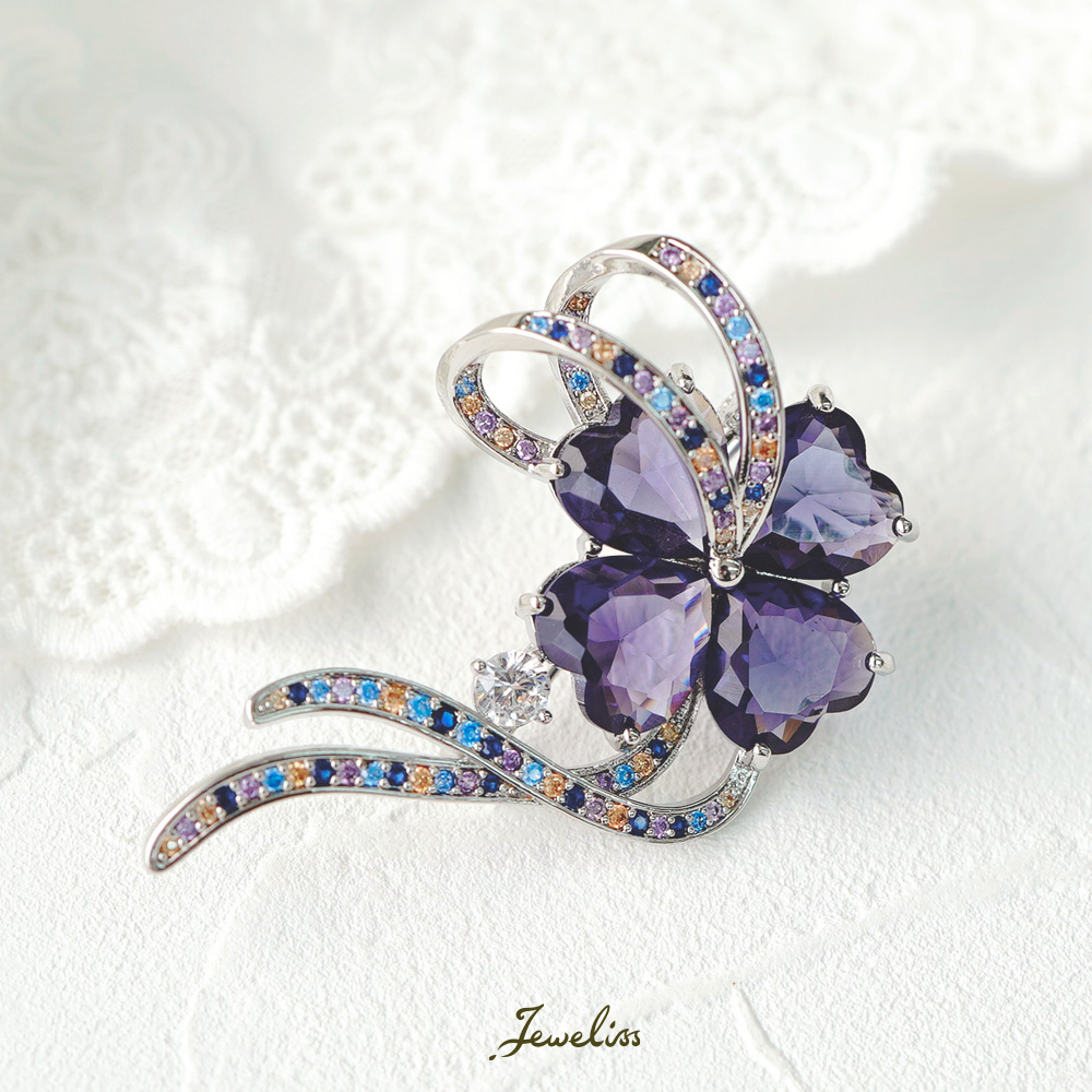 Jeweliss ブローチ フィオーリ Fiori クローバー クリスタル コサージュ パープル 四つ葉 フラワー 花 幸福 アクセサリー セレモニー 入学式 卒業式 ジュエリ…