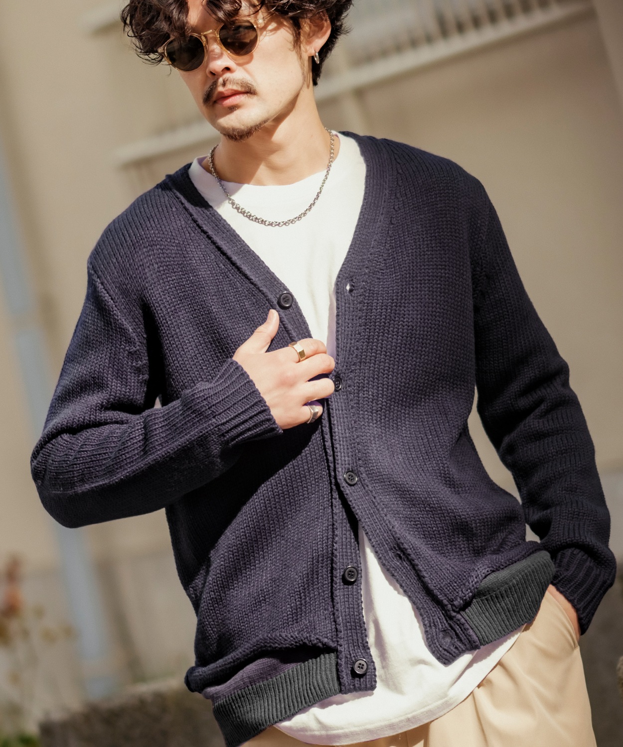 カーディガン メンズ 裾切り替え Vネック ニット オーバーサイズ ゆったり シンプル ベーシック ユニセックス 古着MIX カジュアル ストリート 韓国 | improves | 01