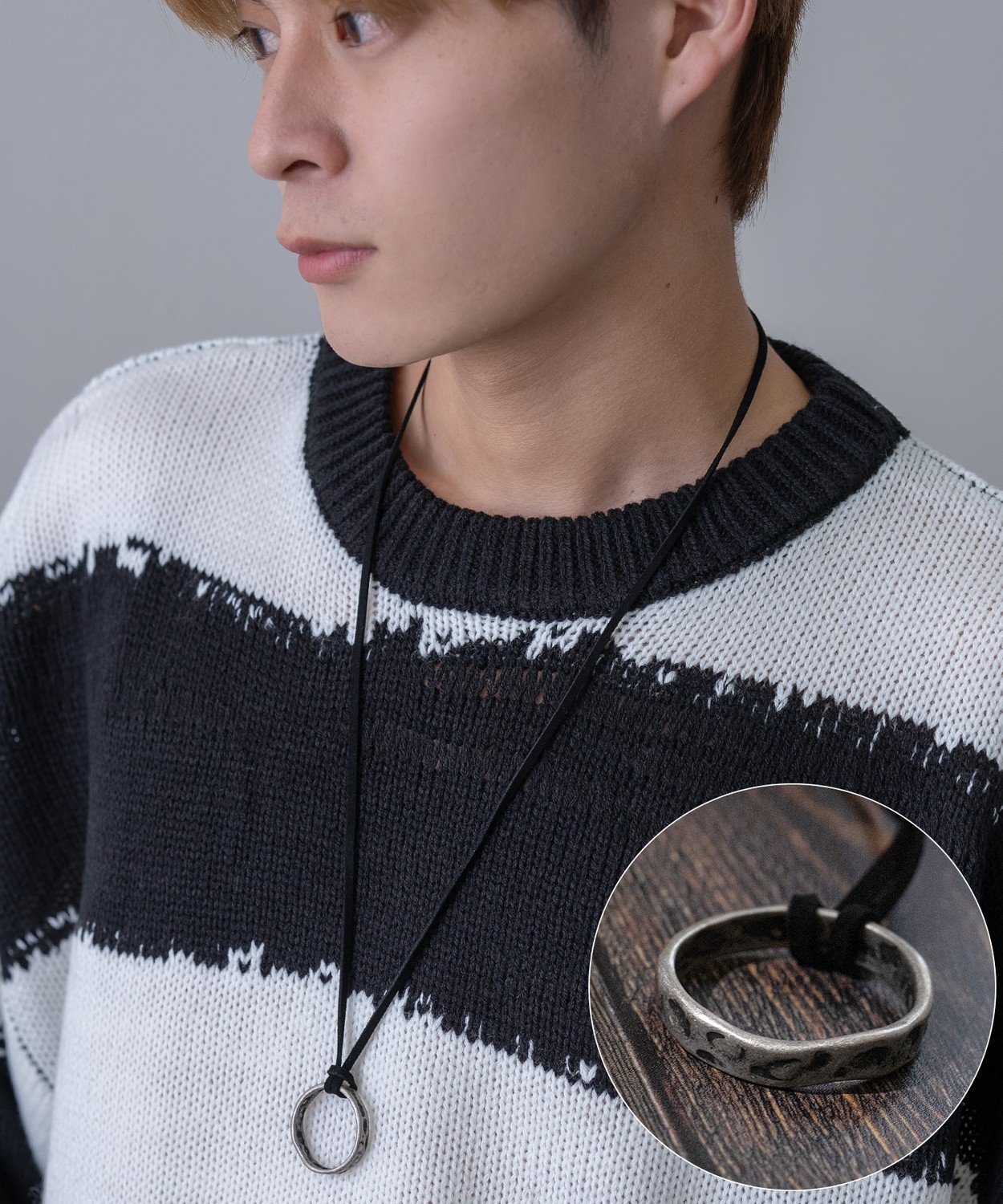 ネックレス メンズ レディース 革紐 リング アメカジ カジュアル スケーター ストリート 韓国ファッション きれいめ モード アンティークシルバー | improves | 01