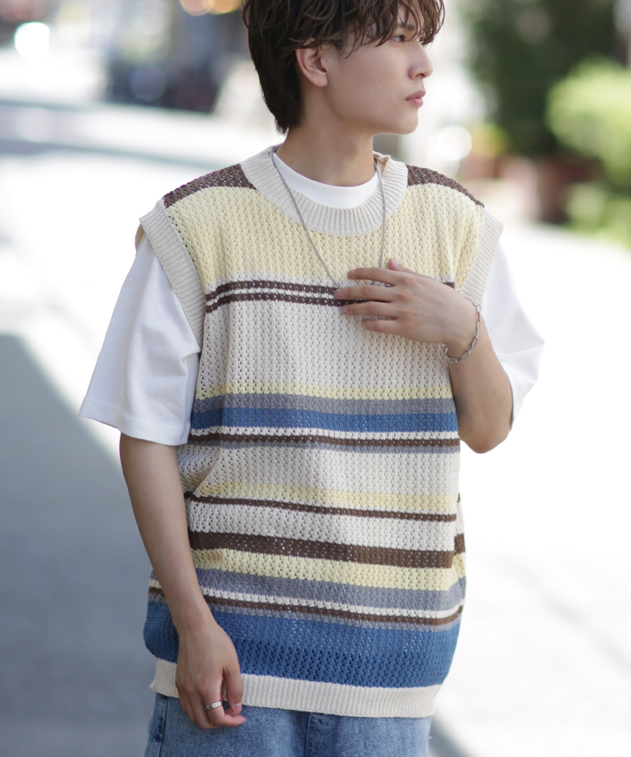 ベスト メンズ サマーニット コットンニット ランダムボーダー マルチボーダー チョッキ 大きめ アメカジ カジュアル スケーター ストリート 古着MIX 韓国 | improves | 02
