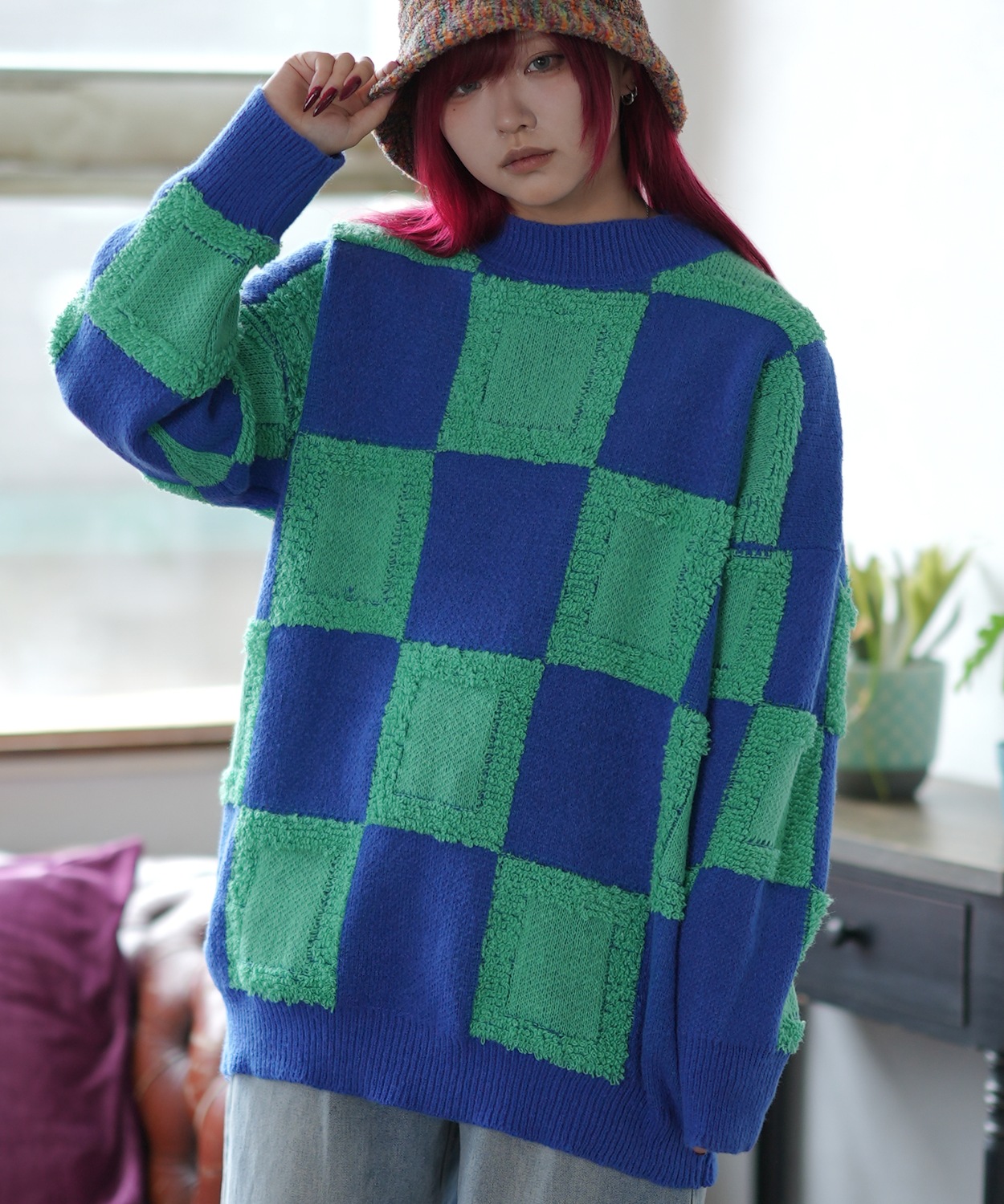 ニットセーター メンズ チェック 市松模様 クルーネック ニット ストリート カジュアル アメカジ 古着MIX 韓国ファッション ホワイト ブラック | improves | 03