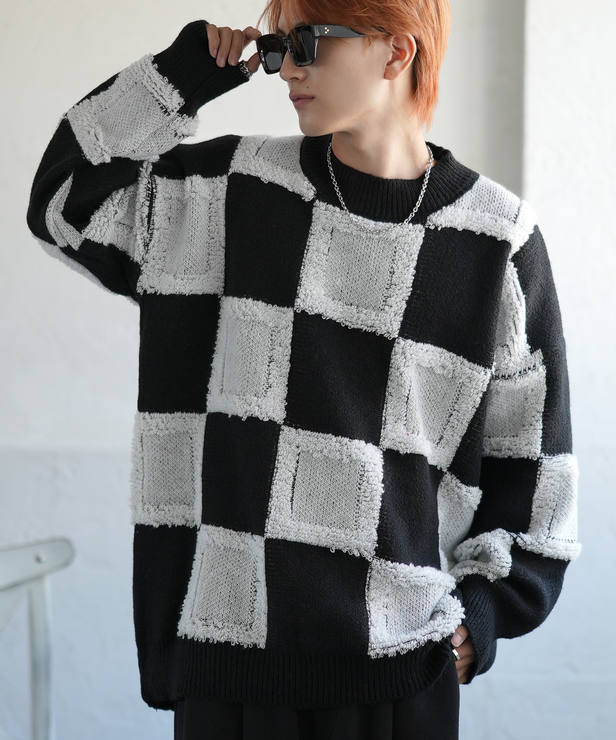 ニットセーター メンズ チェック 市松模様 クルーネック ニット ストリート カジュアル アメカジ 古着MIX 韓国ファッション ホワイト ブラック | improves | 01