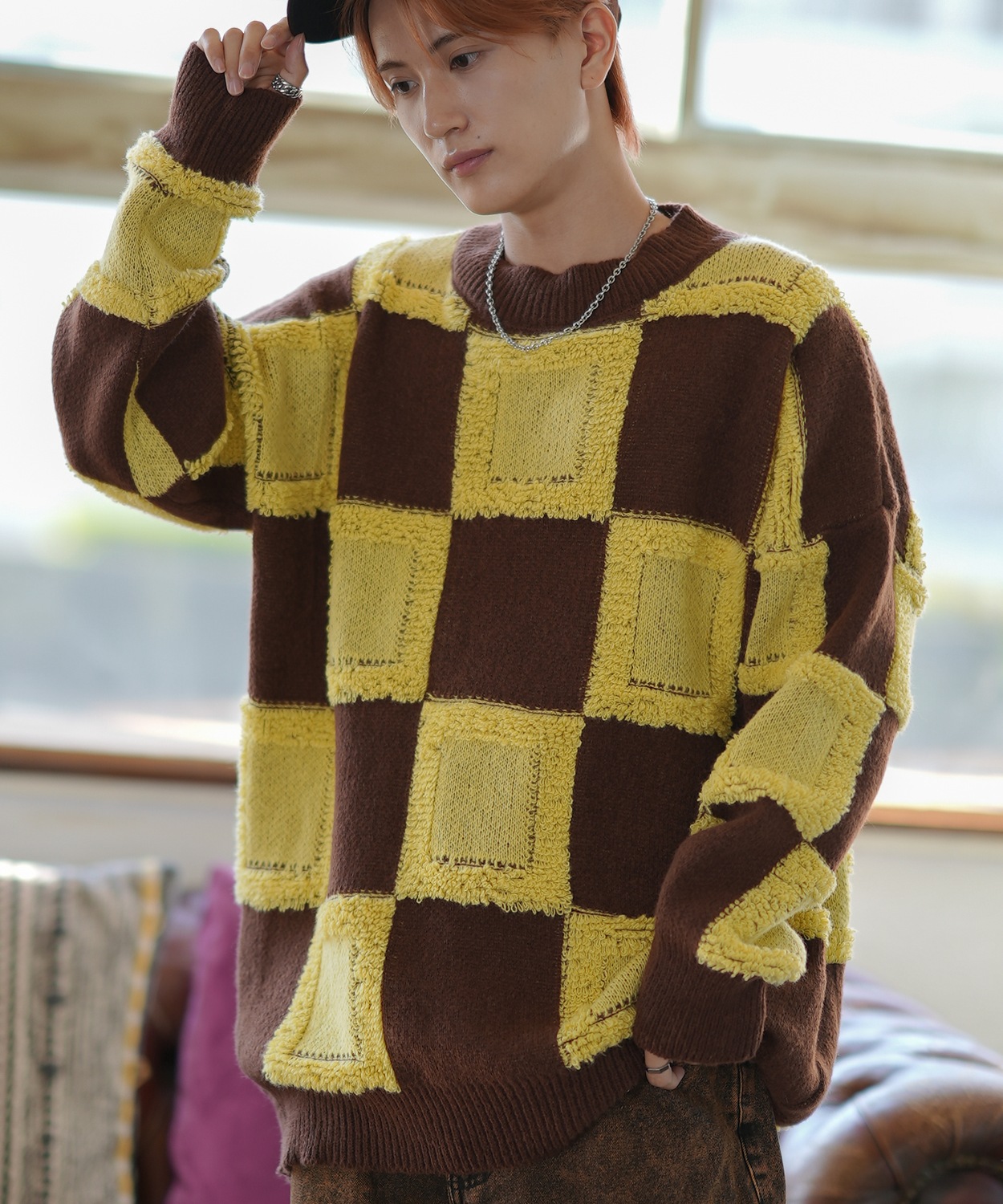 ニットセーター メンズ チェック 市松模様 クルーネック ニット ストリート カジュアル アメカジ 古着MIX 韓国ファッション ホワイト ブラック | improves | 02