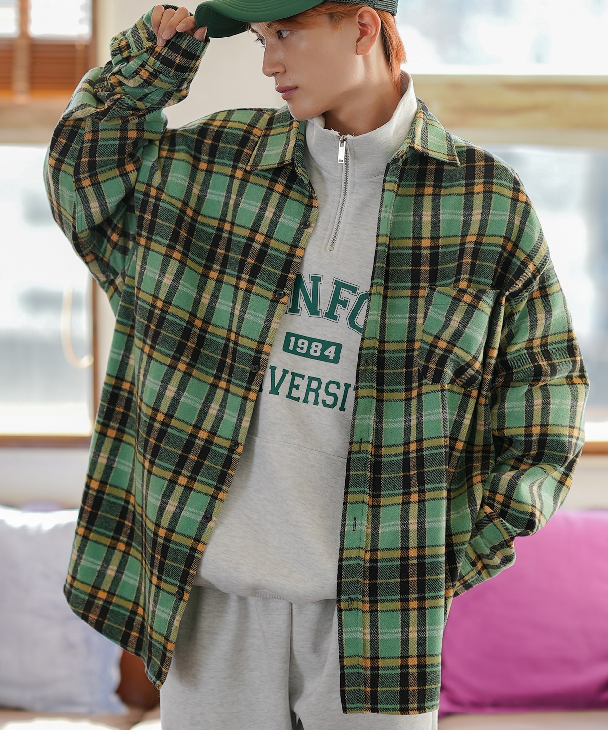 シャツジャケット メンズ チェック 長袖シャツ ストリート カジュアル アメカジ 古着MIX 韓国ファッション オレンジ グリーン | improves | 01