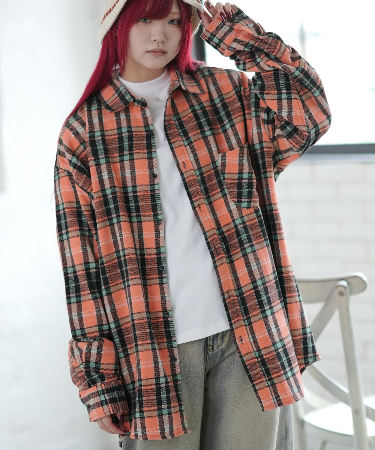 シャツジャケット メンズ チェック 長袖シャツ ストリート カジュアル アメカジ 古着MIX 韓国ファッション オレンジ グリーン | improves | 02