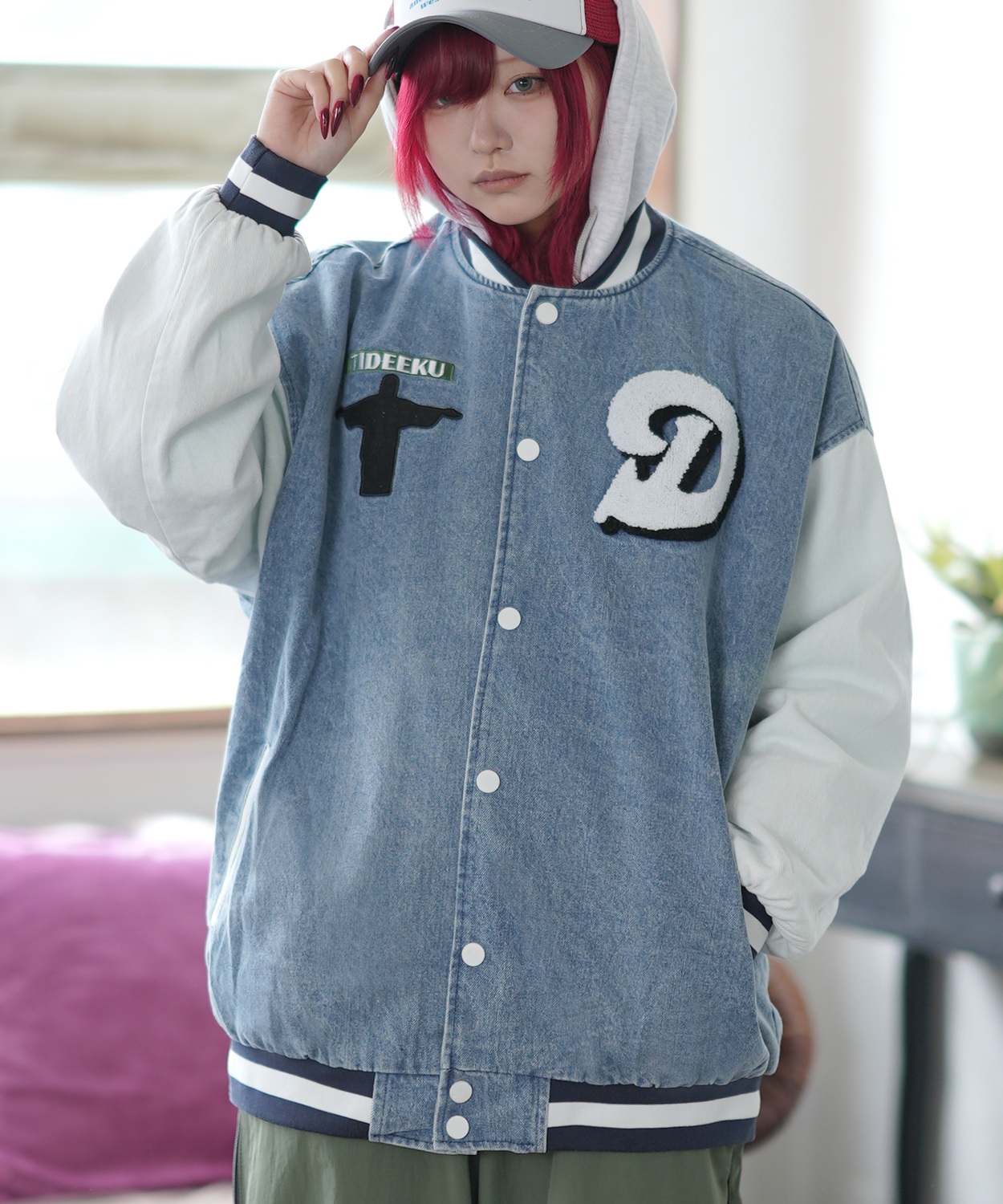 スタジャン メンズ デニムジャケットサガラ 刺しゅうデザイン スタジアムジャンパー ブルゾン ストリート カジュアル アメカジ 古着MIX 韓国 | improves | 01