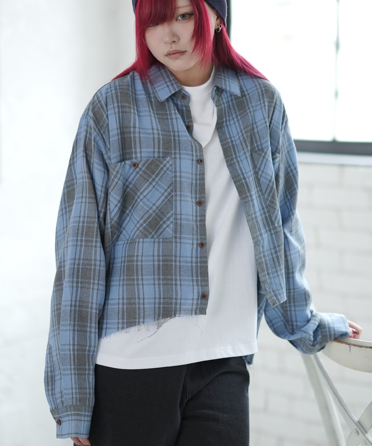 シェックシャツ メンズ 切りっぱなし ショート丈 長袖シャツ ストリート アメカジ 古着MIX 韓国ファッション レッド ブルー | improves | 02