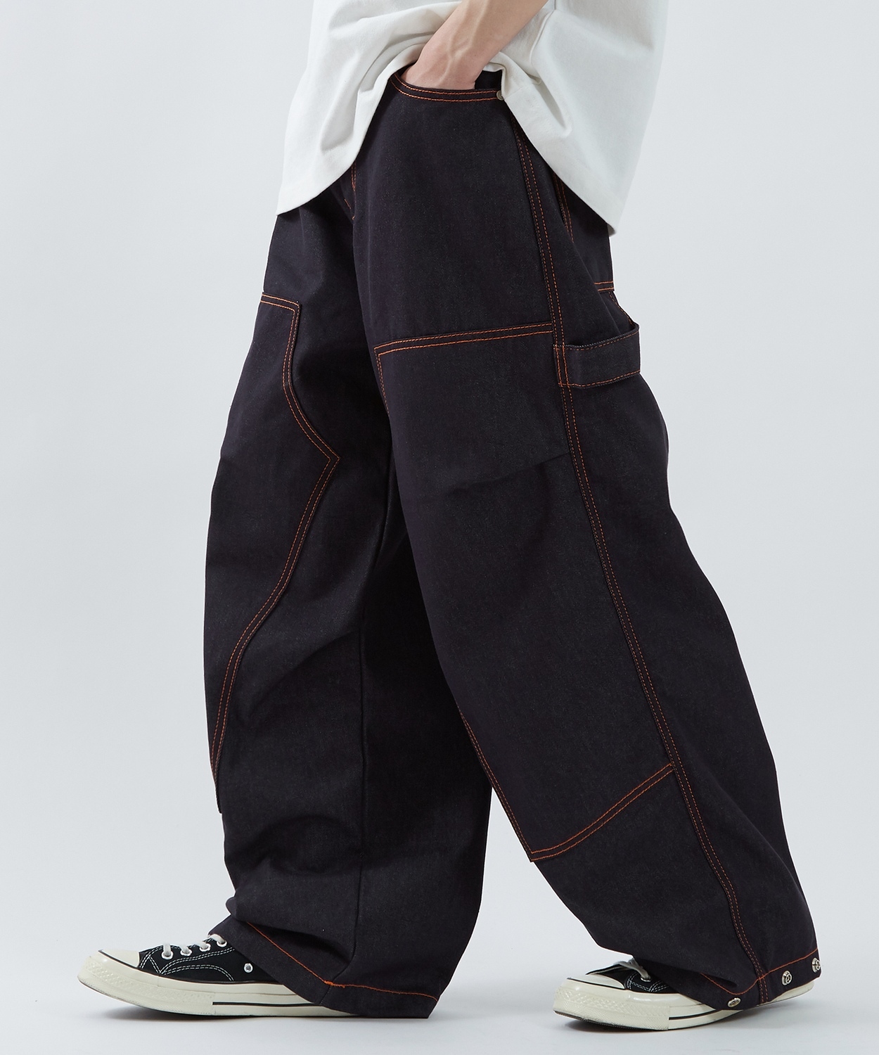 デニムパンツ メンズ ステッチ ルーズフィット Tシャツ アメカジ カジュアル スケーター ストリート 韓国 ノームコア | improves | 01