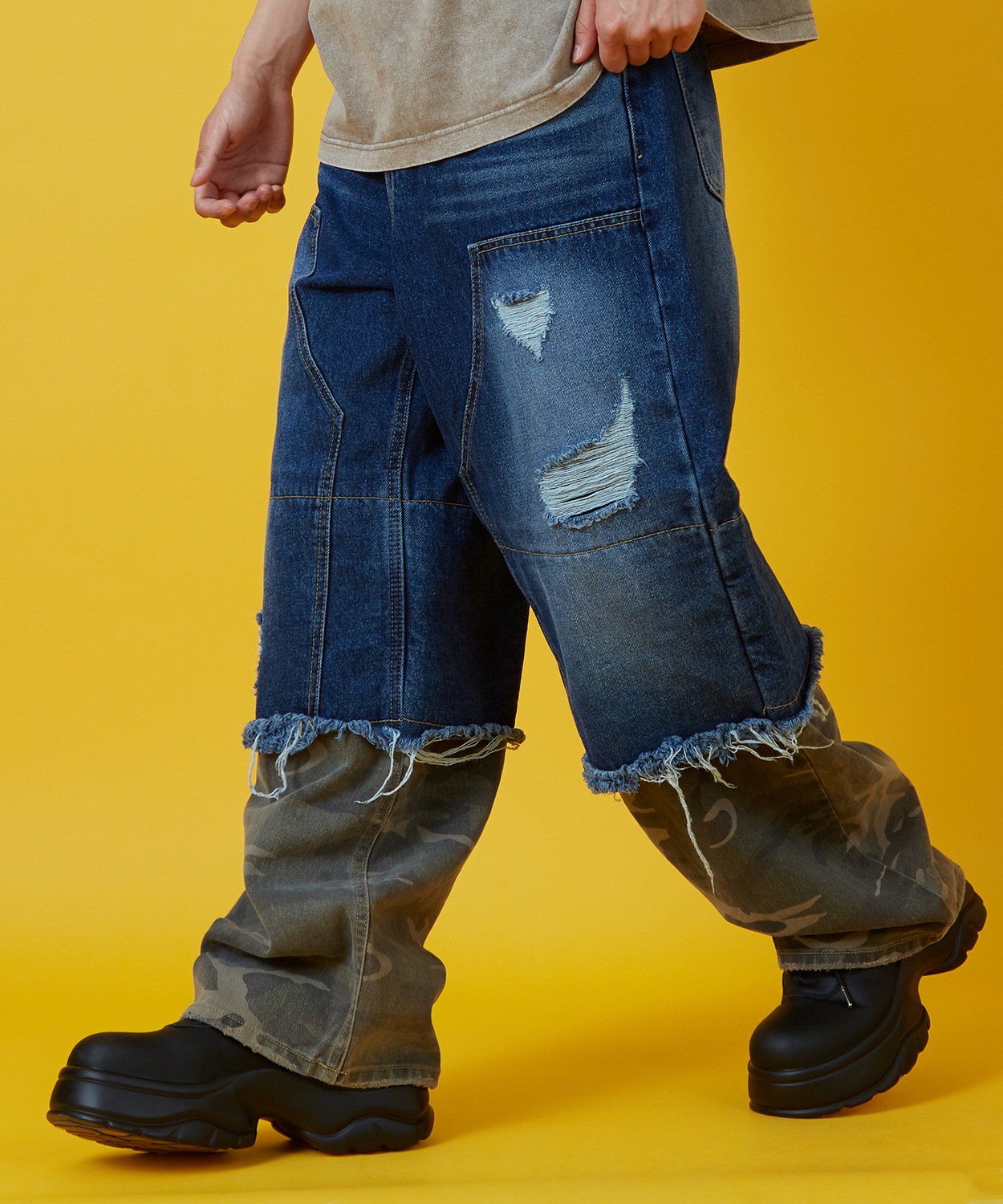 デニムパンツ メンズ レディース カモフラ ダブルニー Tシャツ アメカジ カジュアル スケーター ストリート 韓国ファッション ワークスタイル | improves | 01