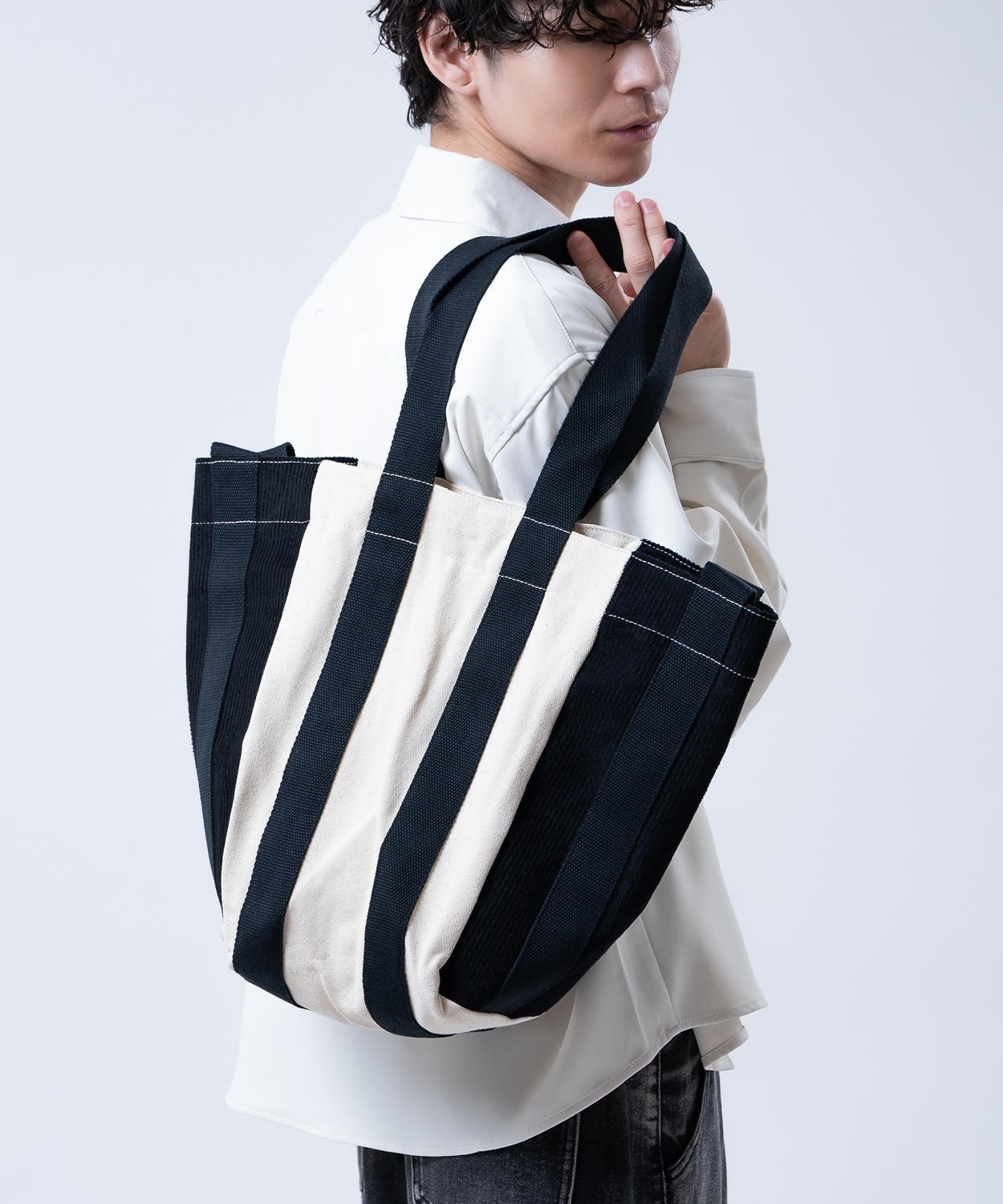 トートバッグ メンズ レディース コーデュロイ キャンバス 切り替え トート 大きめ A4 B4 大容量 通学 通勤 旅行 肩掛け バッグ 刺しゅう ロゴ 配色 バイカラー | improves | 02