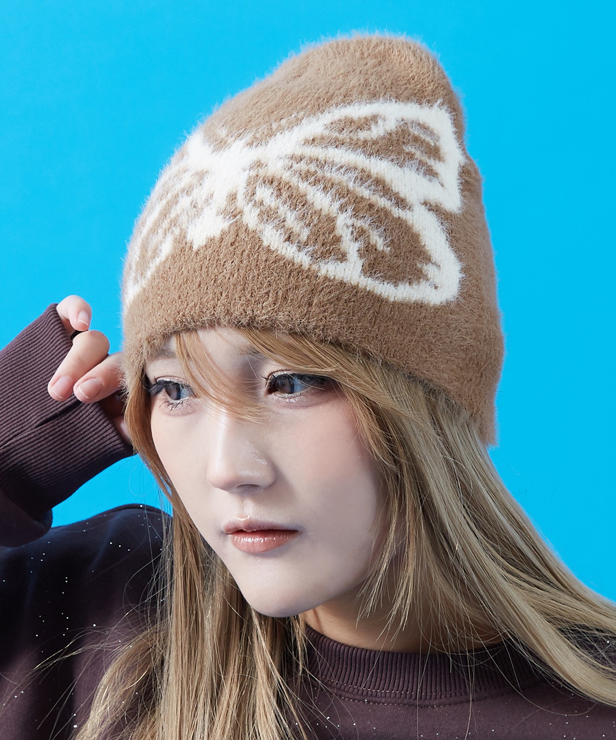 ファービーニー ニット帽 メンズ レディース ふわふわ もこもこ モヘアタッチ シャギーニット ストリート Y2K 韓国ファッション 蝶 蜘蛛の巣 ユニセックス | improves | 01