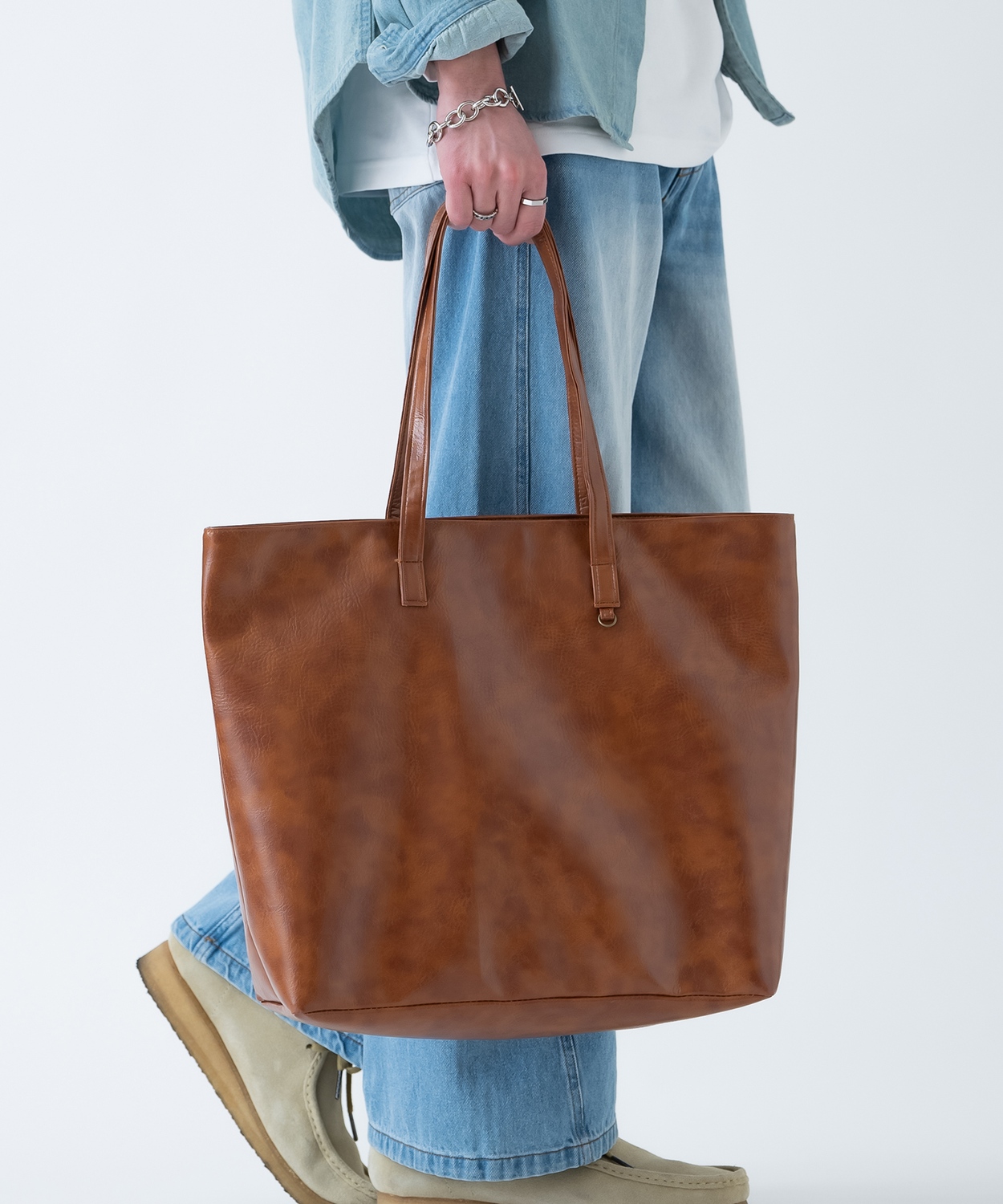 トートバッグ メンズ 合皮 レザー カバン 鞄 通学 通勤 旅行 きれいめ カジュアル 古着MIX 韓国ファッション Y2K ブラック ダークブラウン キャメル | improves | 01