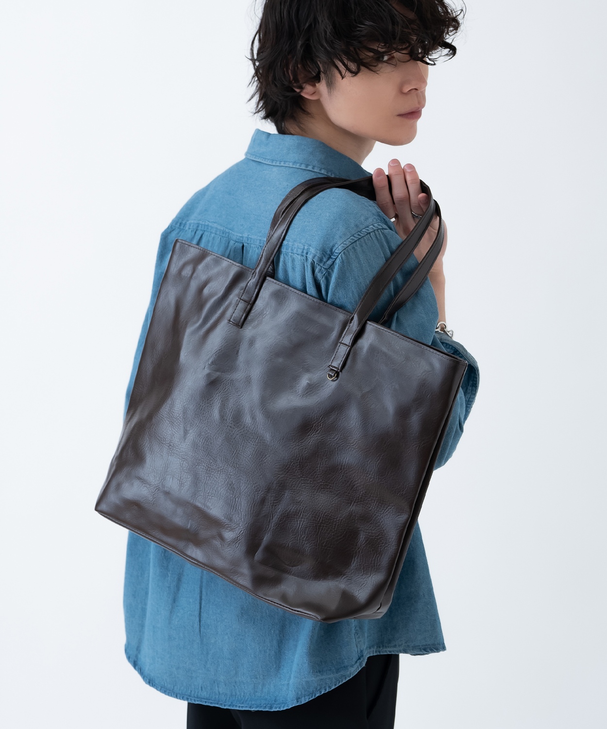 トートバッグ メンズ 合皮 レザー カバン 鞄 通学 通勤 旅行 きれいめ カジュアル 古着MIX 韓国ファッション Y2K ブラック ダークブラウン キャメル | improves | 02