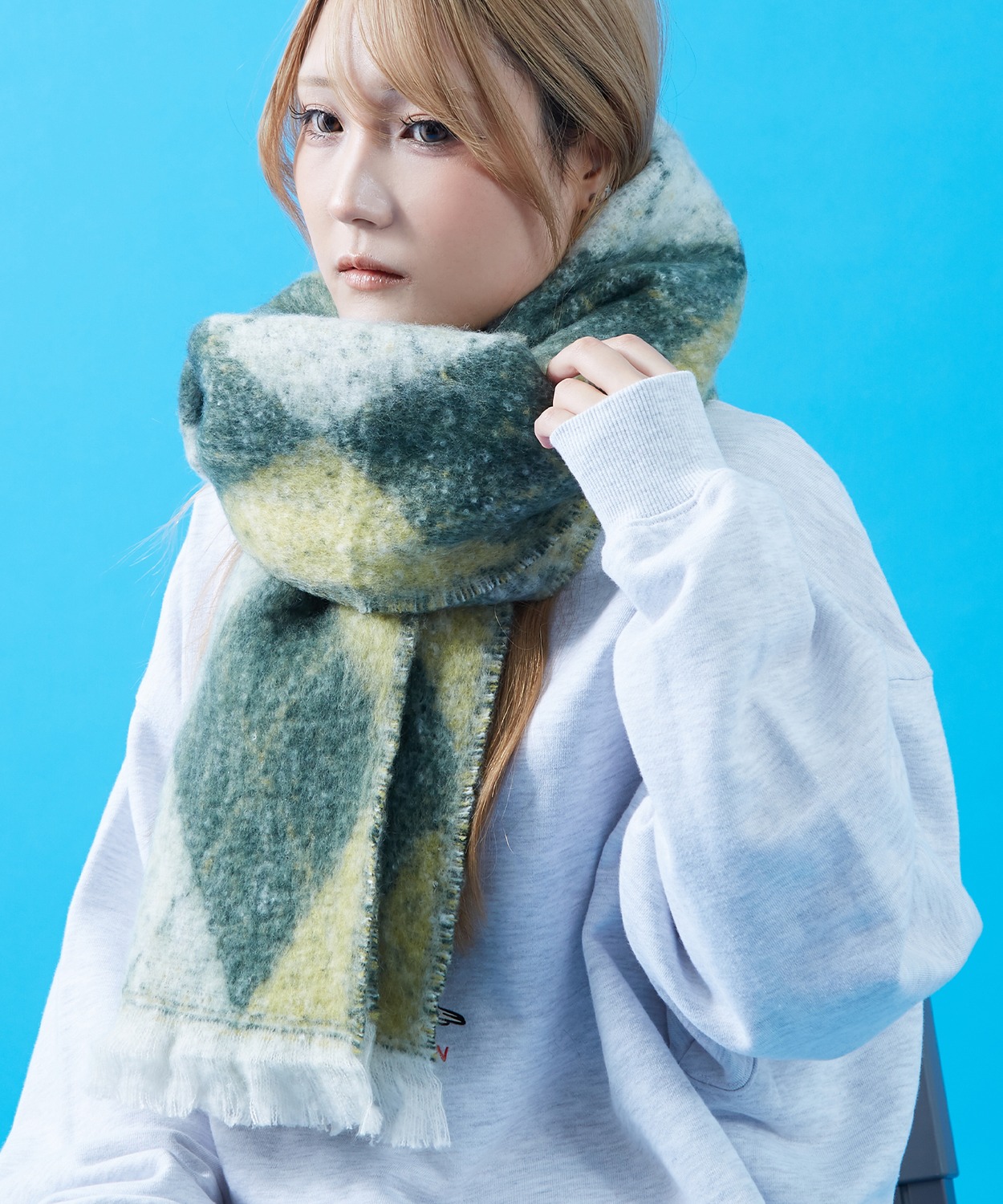 マフラー レディース メンズ 大判 厚手 ボリューム アーガイルチェック 柄マフラー フリンジ 防寒 暖かい ストリート カジュアル 韓国 ビッグシルエット | improves | 02