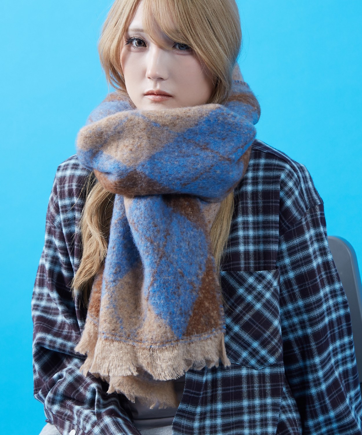 マフラー レディース メンズ 大判 厚手 ボリューム アーガイルチェック 柄マフラー フリンジ 防寒 暖かい ストリート カジュアル 韓国 ビッグシルエット | improves | 04