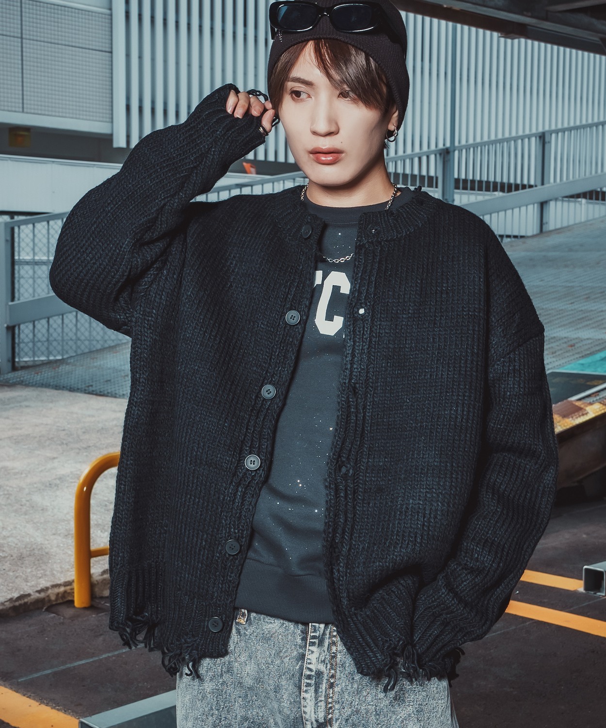 カーディガン 長袖 メンズ グランジ ロック ダメージ加工 ゆったり ビッグシルエット ニット ストリート V系 K-POP 韓国ファッション ルーズ ユニセックス | improves | 02