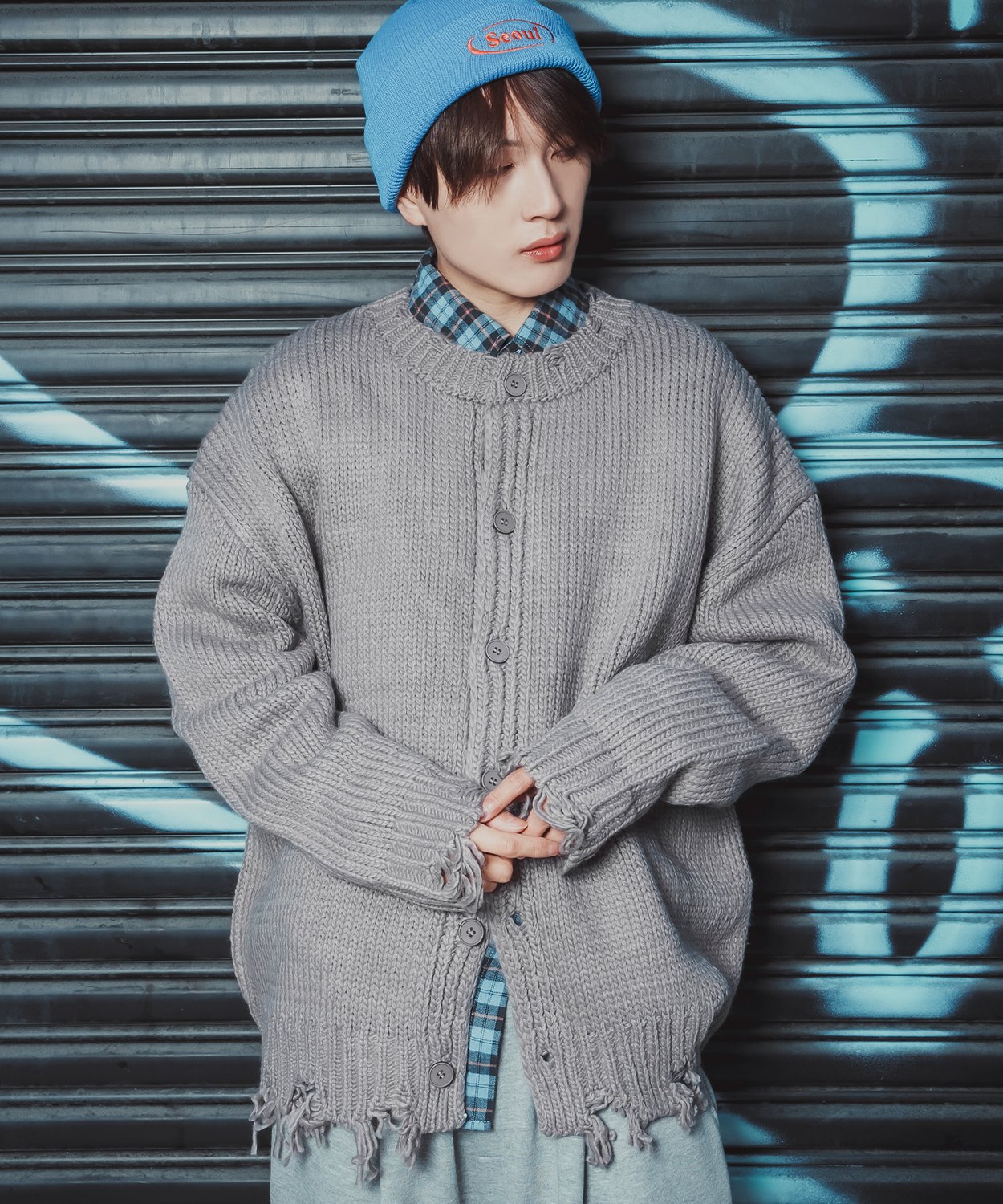 カーディガン 長袖 メンズ グランジ ロック ダメージ加工 ゆったり ビッグシルエット ニット ストリート V系 K-POP 韓国ファッション ルーズ ユニセックス | improves | 01