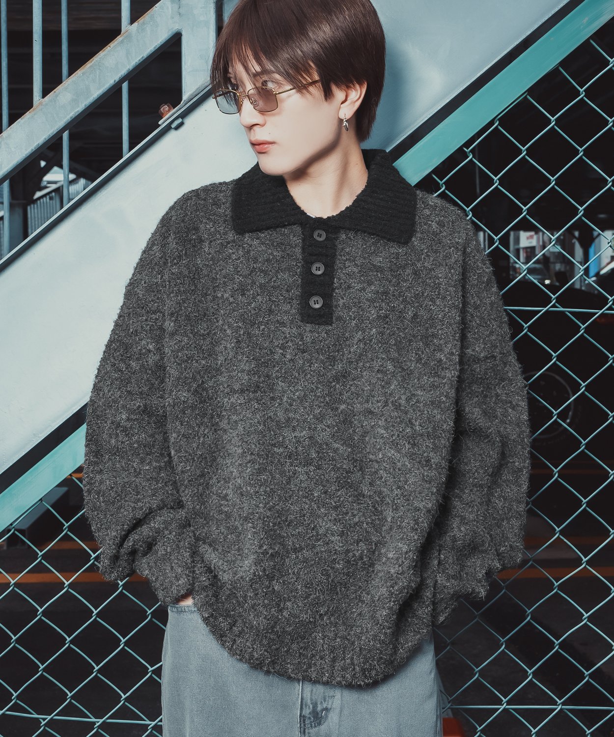 ポロニット セーター メンズ レディース モヘアライク ルーズシルエット ボリューム袖 長袖 カーリーニット レトロ カジュアル ユニセックス ゆるニット | improves | 01