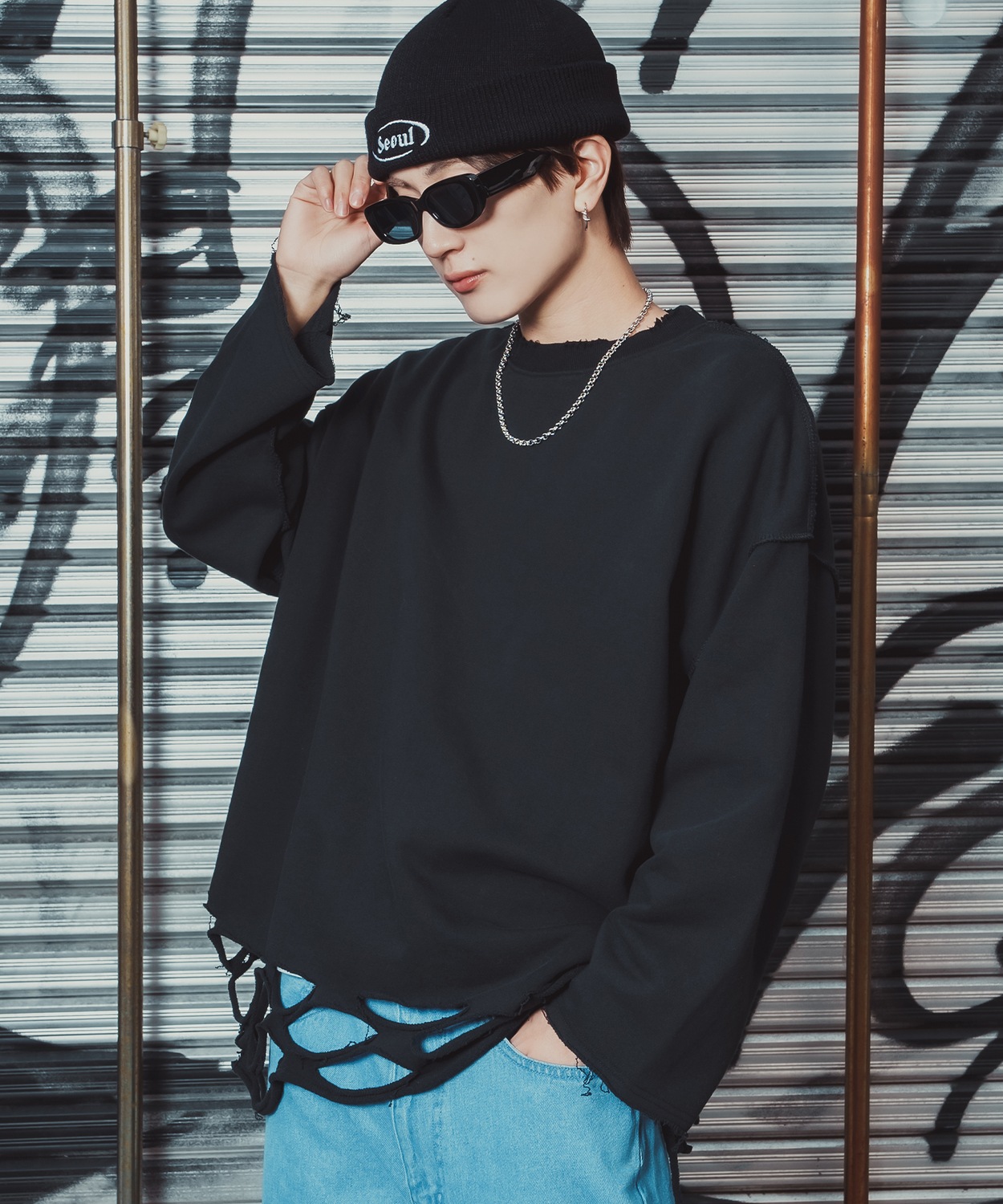 ダメージスウェット メンズ レディース ビッグシルエット ストリート Y2K ロンT カットソー グランジ ユーズド加工 オーバーサイズ 古着風 韓国 | improves | 04