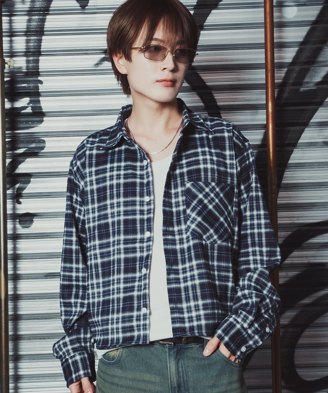 チェックシャツ クロップド丈 メンズ 長袖シャツ グランジファッション ストリート オーバーサイズ ビッグシルエット Y2K 韓国 古着MIX アメカジ カジュアル | improves | 02