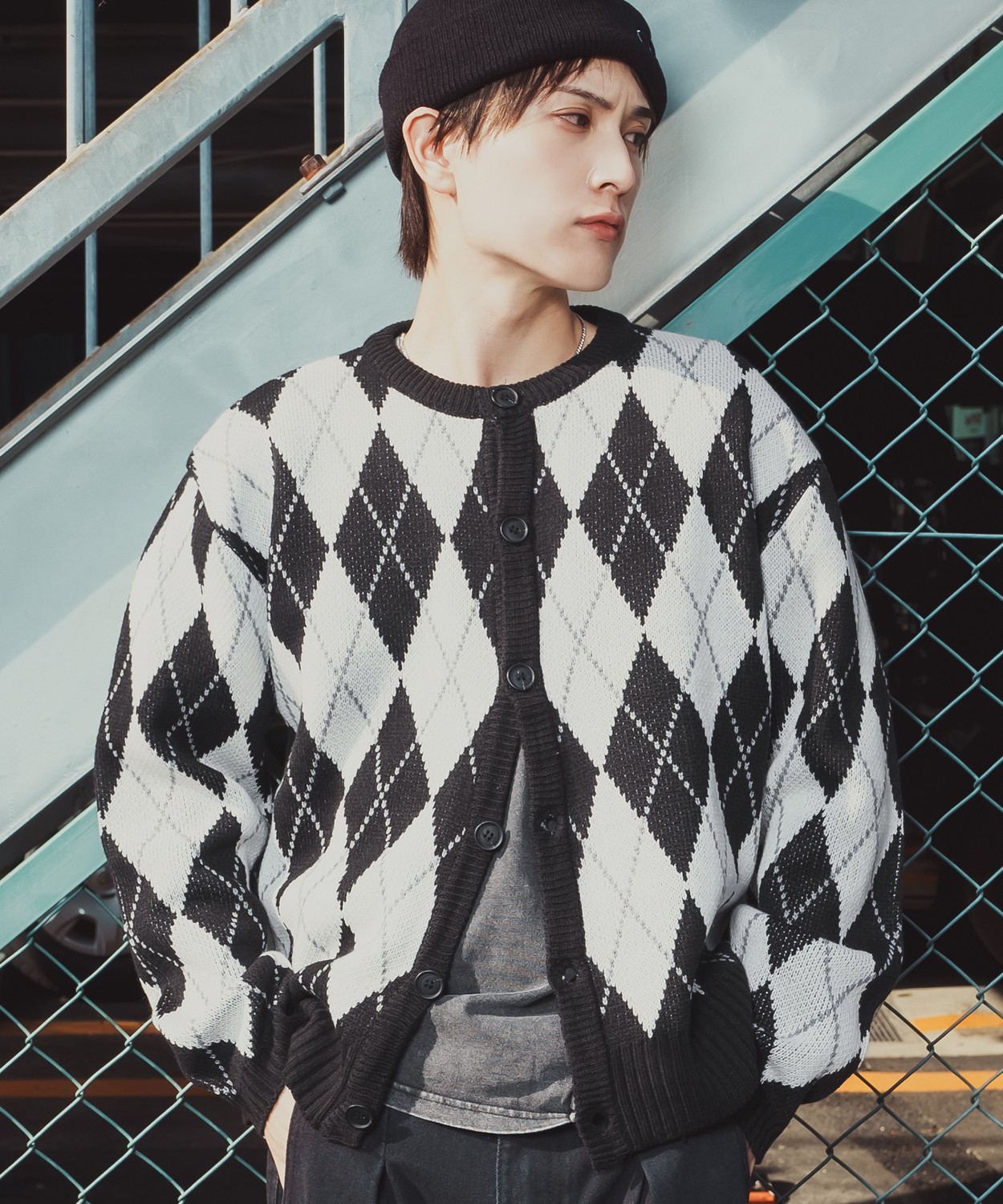 アーガイルカーディガン メンズ レディース ニット 総柄 オーバーサイズ ビッグシルエット 韓国ファッション ストリート 古着MIX 秋 冬 | improves | 02