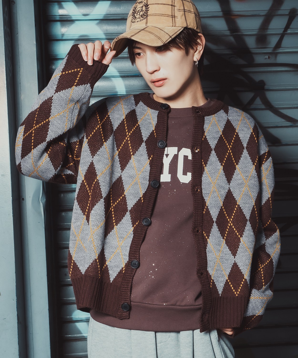 アーガイルカーディガン メンズ レディース ニット 総柄 オーバーサイズ ビッグシルエット 韓国ファッション ストリート 古着MIX 秋 冬 | improves | 01