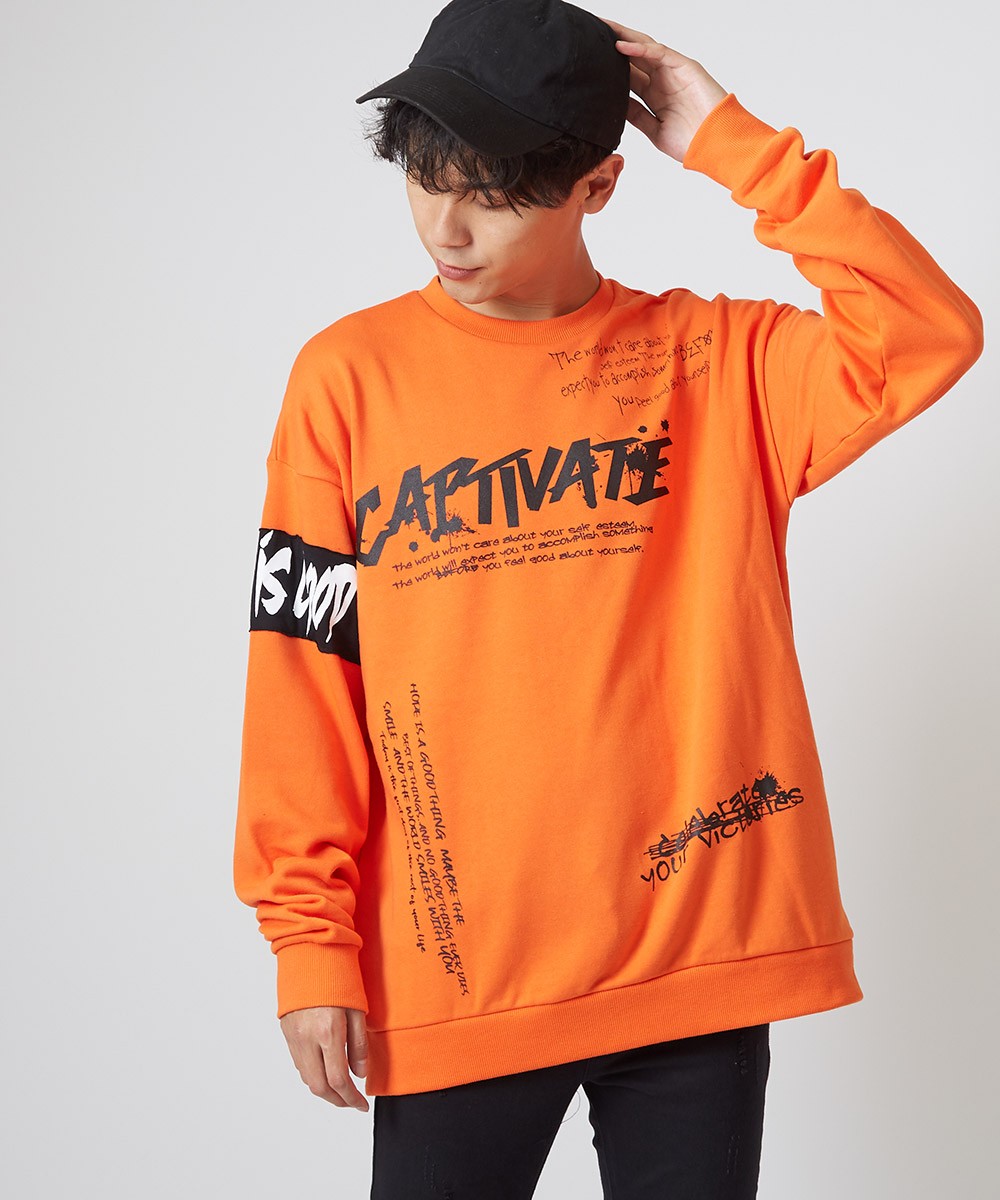 裏毛 スウェット トレーナー メンズ ビッグシルエット ゆったり 大きいサイズ ロゴ プリント クルーネック ワッペン オレンジ 黒 白 Improves Improves インプローブス 通販 Yahoo ショッピング