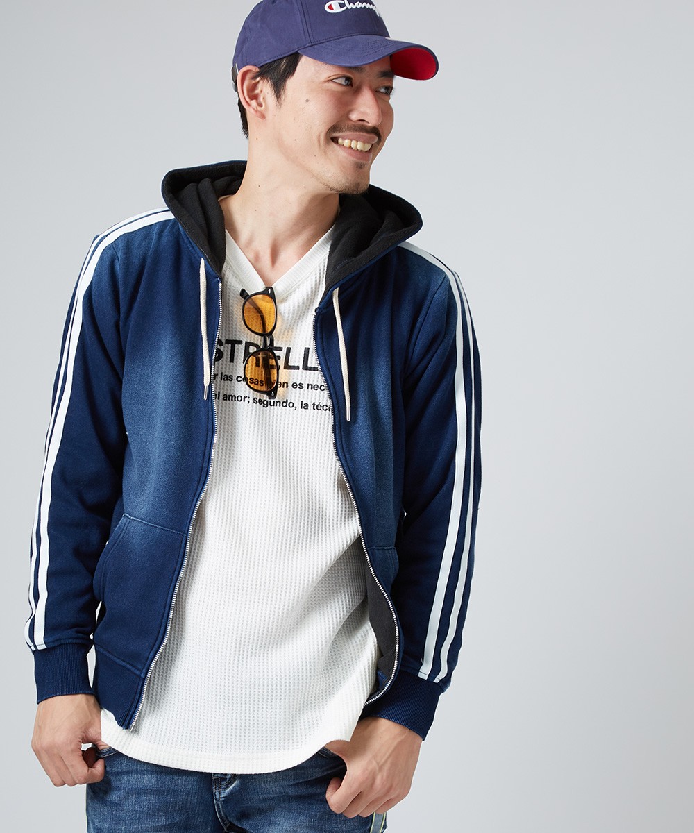 裏起毛パーカー メンズ カットデニム ジップパーカー サイドライン セットアップ可能 青 スリム 細身 長袖 スウェットパーカー サーフ系 Improves Improves インプローブス 通販 Yahoo ショッピング