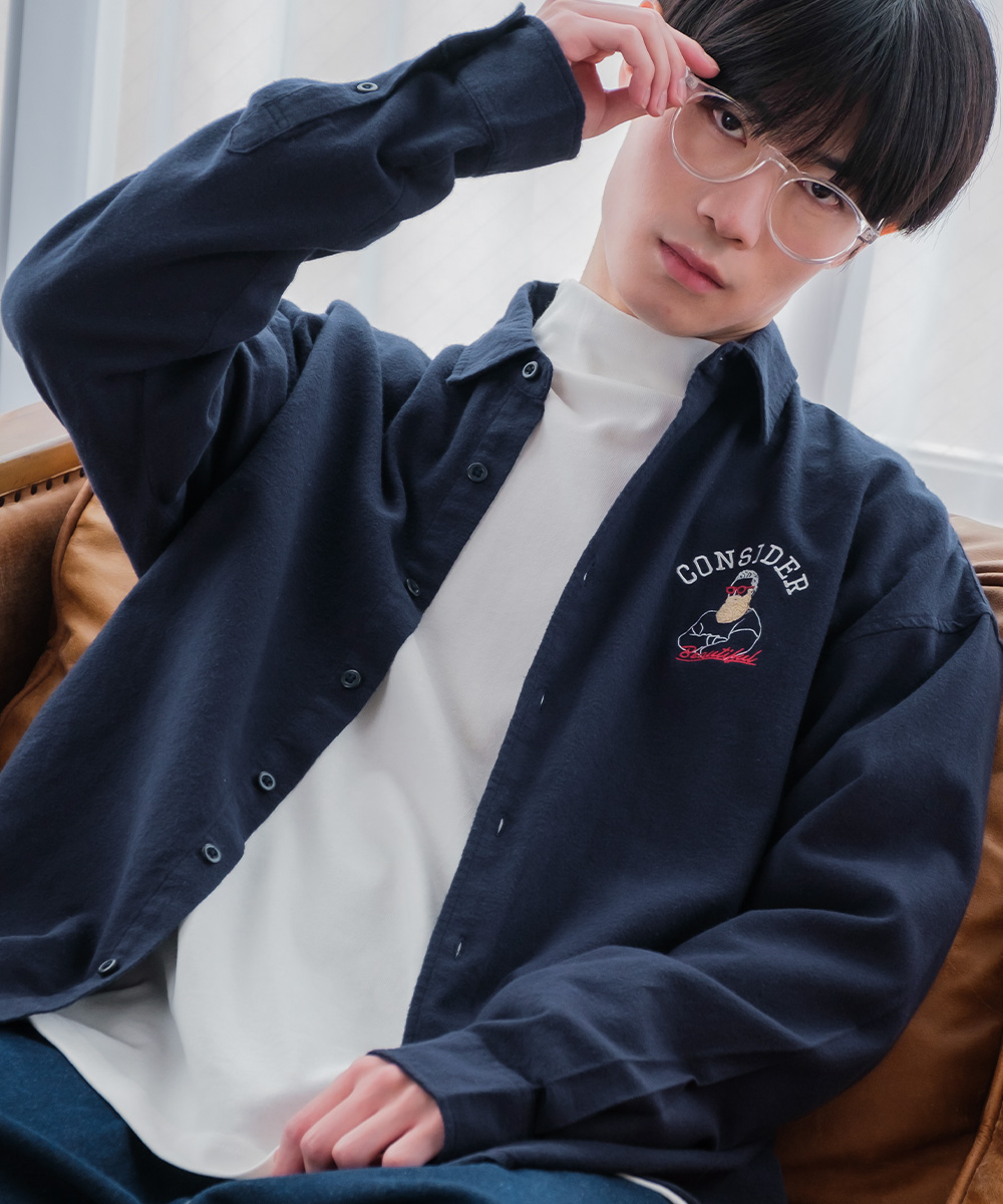 ワンポイントネルシャツ メンズ 刺繍 フランネルシャツ レギュラー