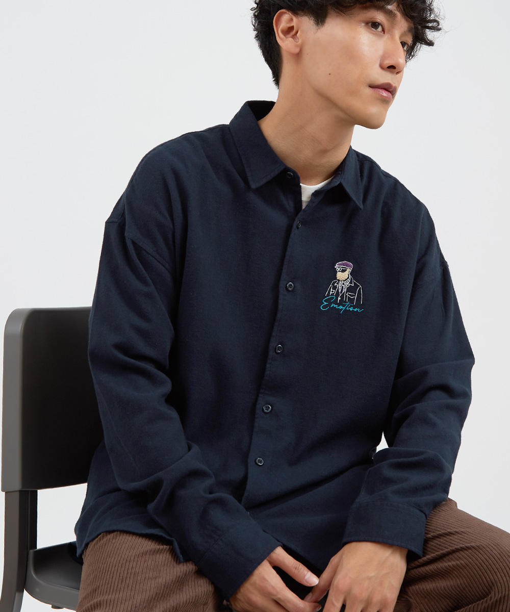 ワンポイントネルシャツ メンズ 刺繍 フランネルシャツ レギュラー