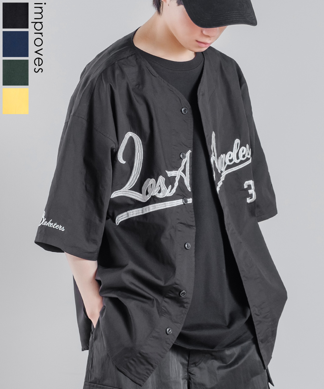 スタジアムロゴ 刺しゅう 半袖 ベースボールシャツ メンズ ノーカラーシャツ 野球シャツ ゲームシャツ オーバーサイズ ビッグサイズ 韓国 ストリート