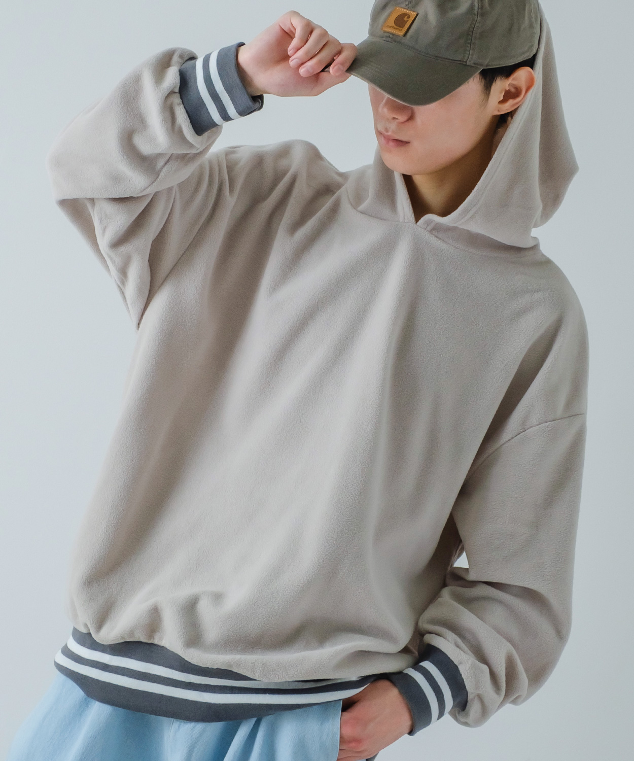 パーカー メンズ フリース ラインリブ クルーネック プルオーバー フーディ ビッグシルエット ゆったり 大きいサイズ ストリート 韓国ファッション 古着MIX | improves | 01