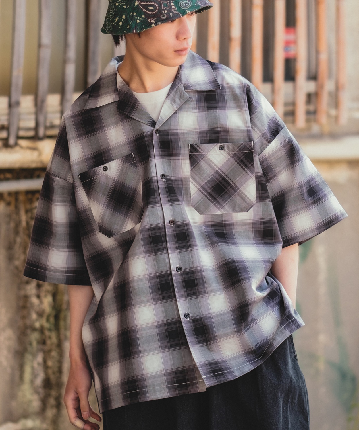 半袖シャツ メンズ オンブレ チェックシャツ オープンカラー 開襟シャツ オーバーサイズ ビッグサイズ アメカジ 西海岸 ストリート 韓国ファッション  古着MIX