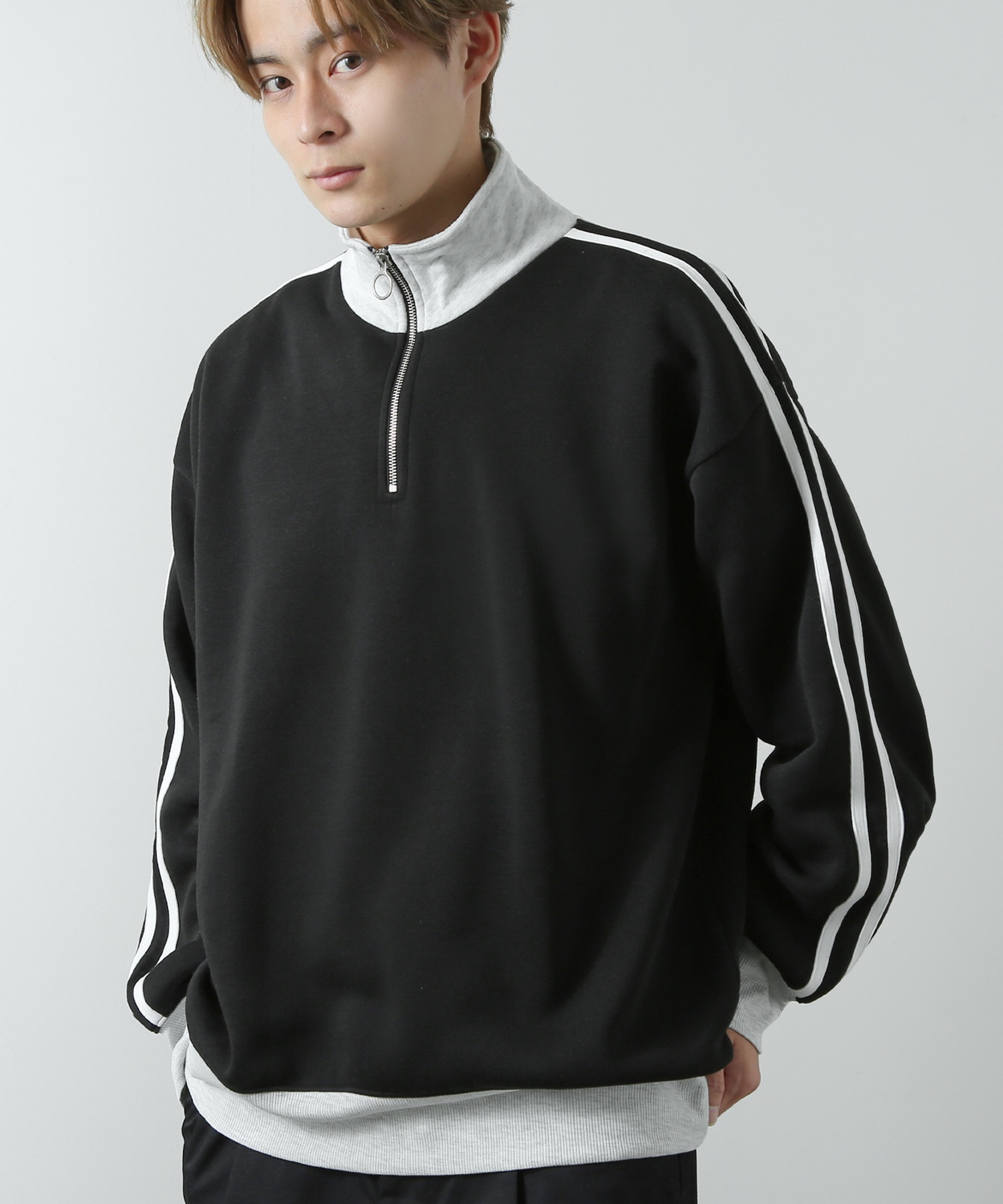 トレーナー メンズ 裏起毛 ライン袖 ハーフジップ ワンポイント ロゴ 刺しゅう 大きいサイズ オーバーサイズ ストリート カジュアル 古着MIX レトロ 韓国 | improves | 05