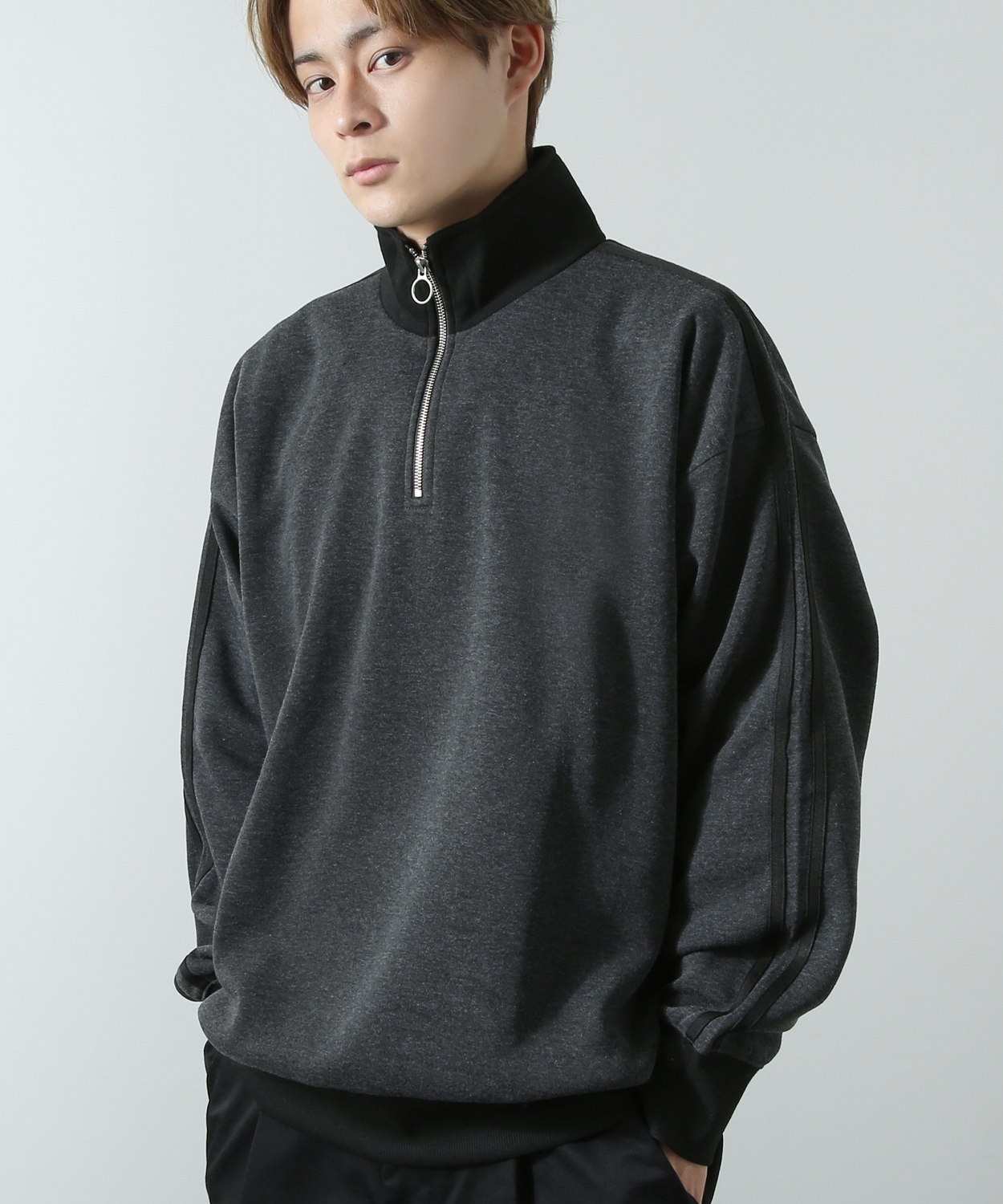 トレーナー メンズ 裏起毛 ライン袖 ハーフジップ ワンポイント ロゴ 刺しゅう 大きいサイズ オーバーサイズ ストリート カジュアル 古着MIX レトロ 韓国 | improves | 04