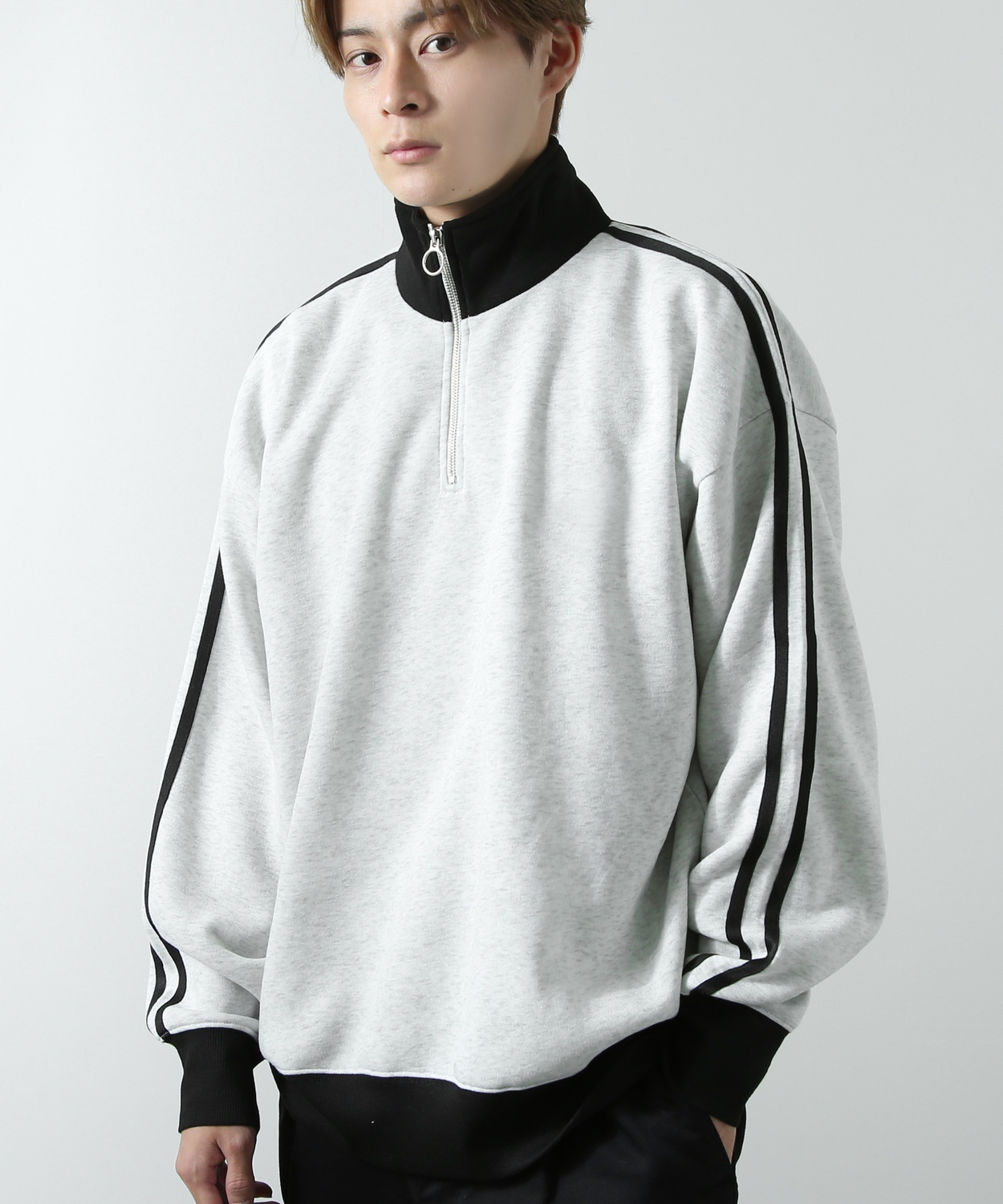 トレーナー メンズ 裏起毛 ライン袖 ハーフジップ ワンポイント ロゴ 刺しゅう 大きいサイズ オーバーサイズ ストリート カジュアル 古着MIX レトロ 韓国 | improves | 02