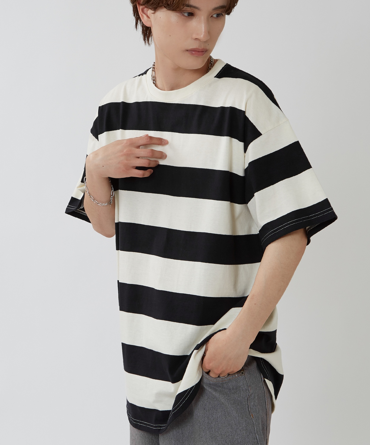 半袖Tシャツ メンズ ワイド ボーダー カットソー クルーネック オーバーサイズ 大きいサイズ ゆったり カジュアル マリン ストリート ブラック グレー | improves | 03