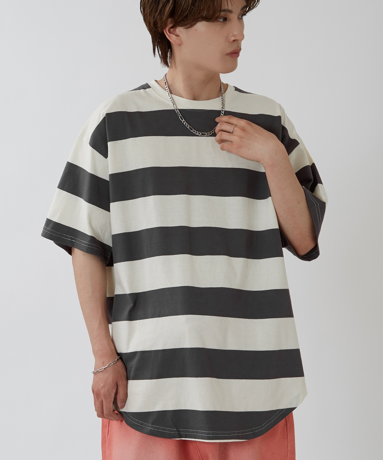 半袖Tシャツ メンズ ワイド ボーダー カットソー クルーネック オーバーサイズ 大きいサイズ ゆったり カジュアル マリン ストリート ブラック グレー | improves | 02