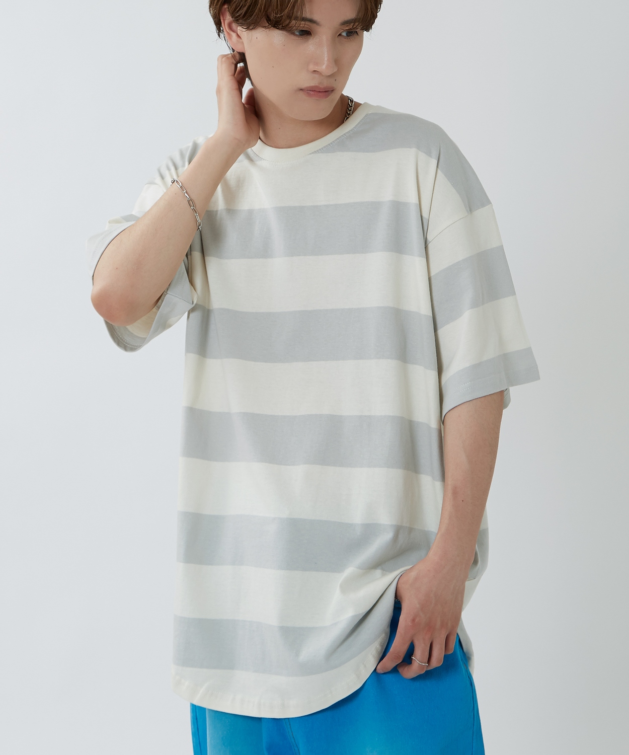 半袖Tシャツ メンズ ワイド ボーダー カットソー クルーネック オーバーサイズ 大きいサイズ ゆったり カジュアル マリン ストリート ブラック グレー | improves | 01