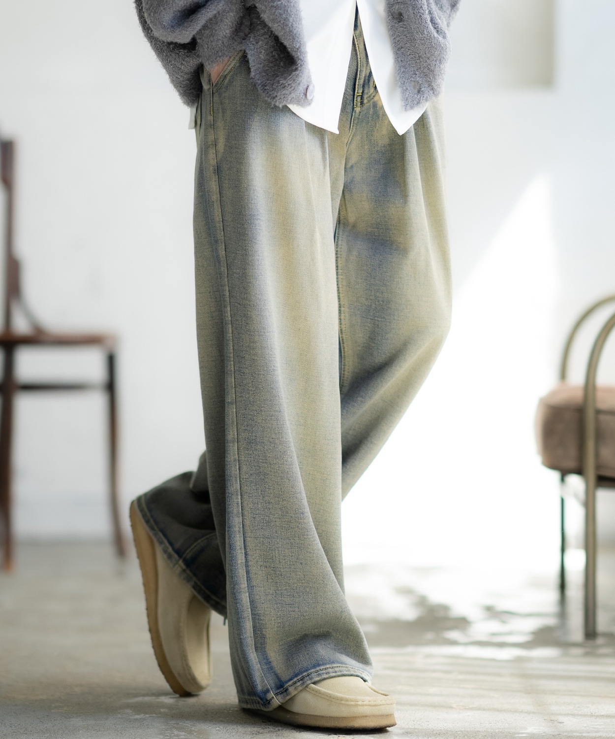 デニムパンツ メンズ ウォッシュ加工 ワイドパンツ カラーパンツ デニム ジーンズ アメカジ カジュアル ストリート スケーター 韓国ファッション | improves | 05