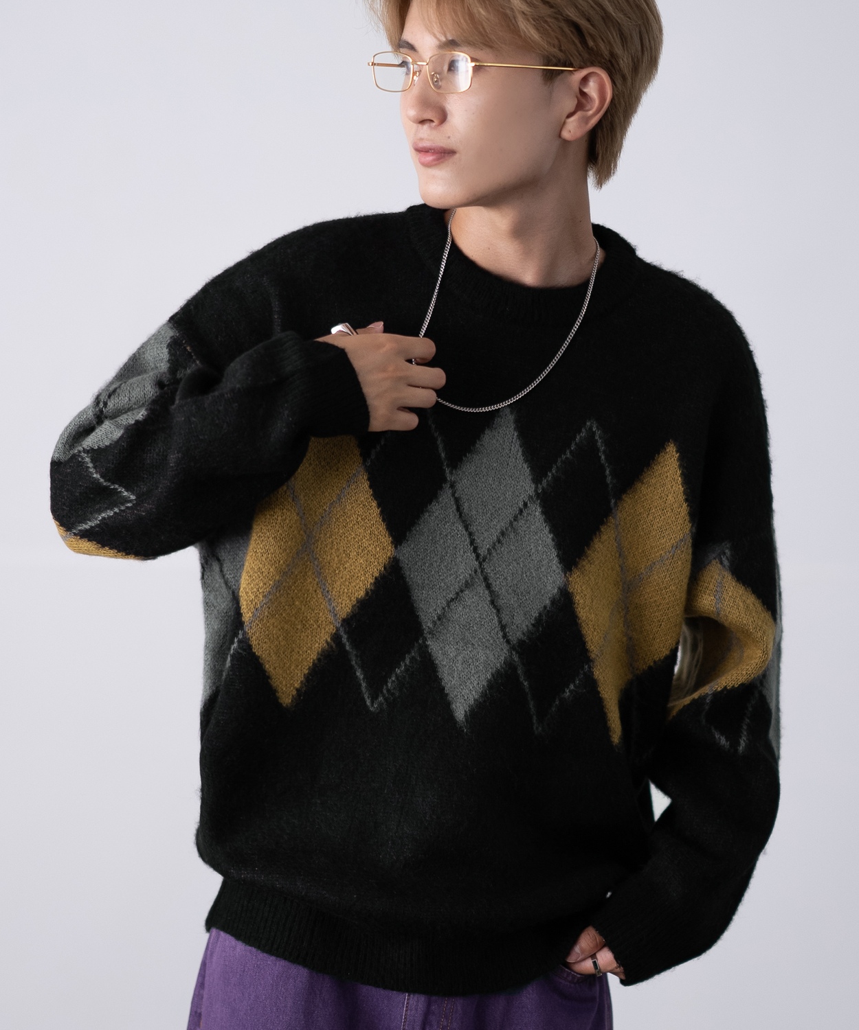 セーター メンズ モヘアタッチ クルーネックニット 無地 チェック ゼブラ ヒョウ柄 迷彩 総柄 アメカジ カジュアル シンプル ストリート スケーター 韓国 | improves | 14