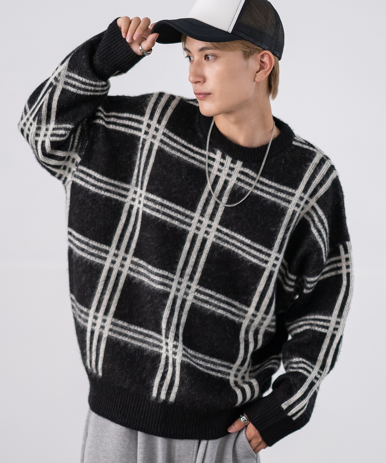 セーター メンズ モヘアタッチ クルーネックニット 無地 チェック ゼブラ ヒョウ柄 迷彩 総柄 アメカジ カジュアル シンプル ストリート スケーター 韓国 | improves | 12