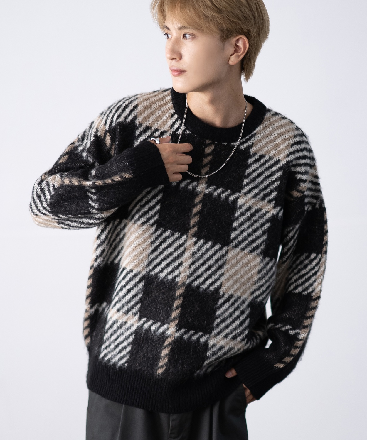 セーター メンズ モヘアタッチ クルーネックニット 無地 チェック ゼブラ ヒョウ柄 迷彩 総柄 アメカジ カジュアル シンプル ストリート スケーター 韓国 | improves | 18